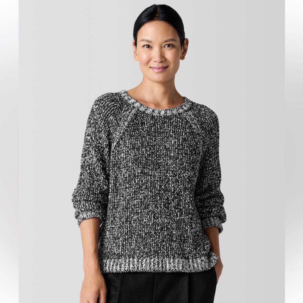 Eileen Fisher Cotton Boucle Crew Neck Sweater in black and white marled knit 1X